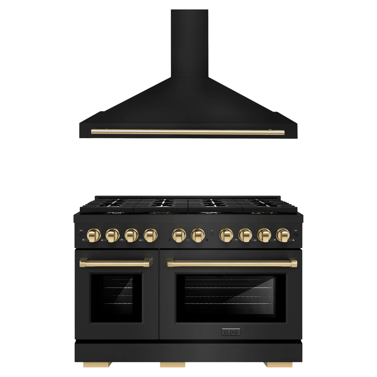 ZLINE Autograph Edition 2-Piece Appliance Package - 48-Inch Paramount Dual Fuel Range & Wall Mount Range Hood in Black Stainless Steel with Gold Accents