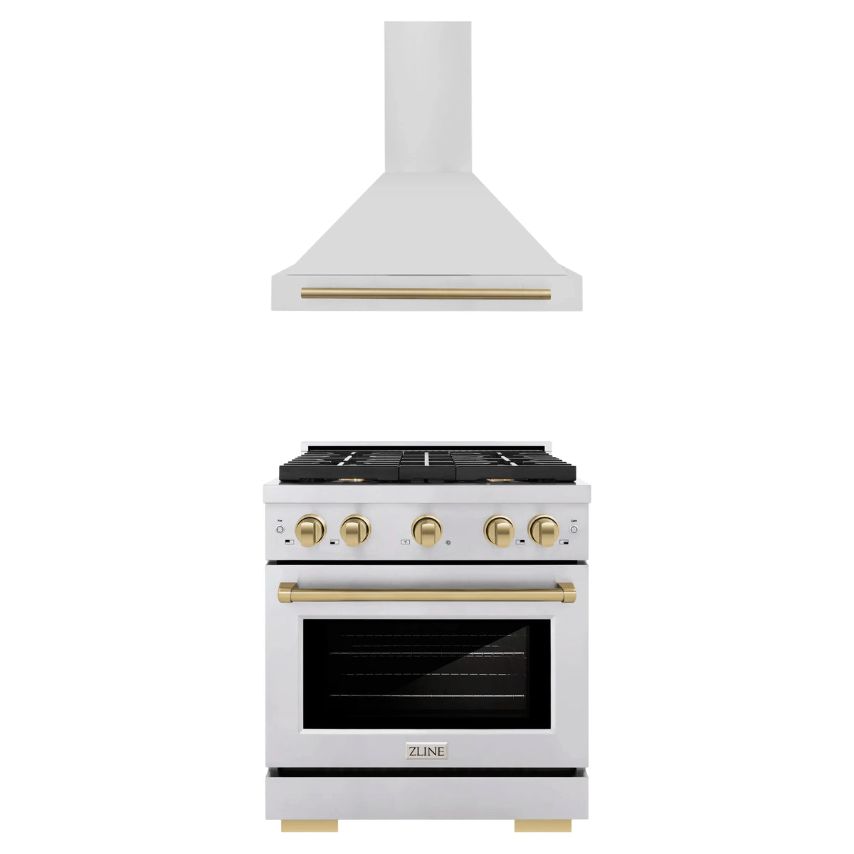 ZLINE Autograph Edition 2-Piece Appliance Package - 30-Inch Paramount Dual Fuel Range & Wall Mount Range Hood in Stainless Steel with Champagne Bronze Accents