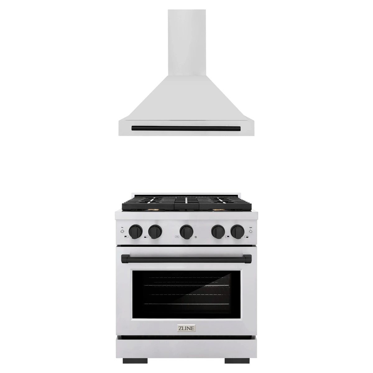 ZLINE Autograph Edition 2-Piece Appliance Package - 30-Inch Paramount Dual Fuel Range & Wall Mount Range Hood in Stainless Steel with Matte Black Accents