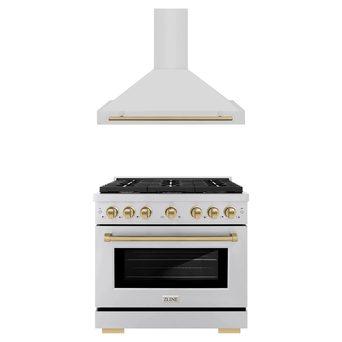 ZLINE Autograph Edition 2-Piece Appliance Package - 36-Inch Paramount Dual Fuel Range & Wall Mount Range Hood in Stainless Steel with Champagne Bronze Accents