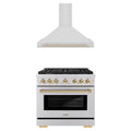 ZLINE Autograph Edition 2-Piece Appliance Package - 36-Inch Paramount Dual Fuel Range & Wall Mount Range Hood in Stainless Steel with Gold Accents