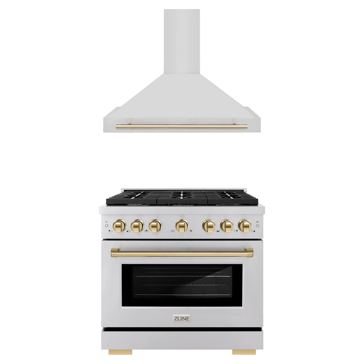 ZLINE Autograph Edition 2-Piece Appliance Package - 36-Inch Paramount Dual Fuel Range & Wall Mount Range Hood in Stainless Steel with Gold Accents