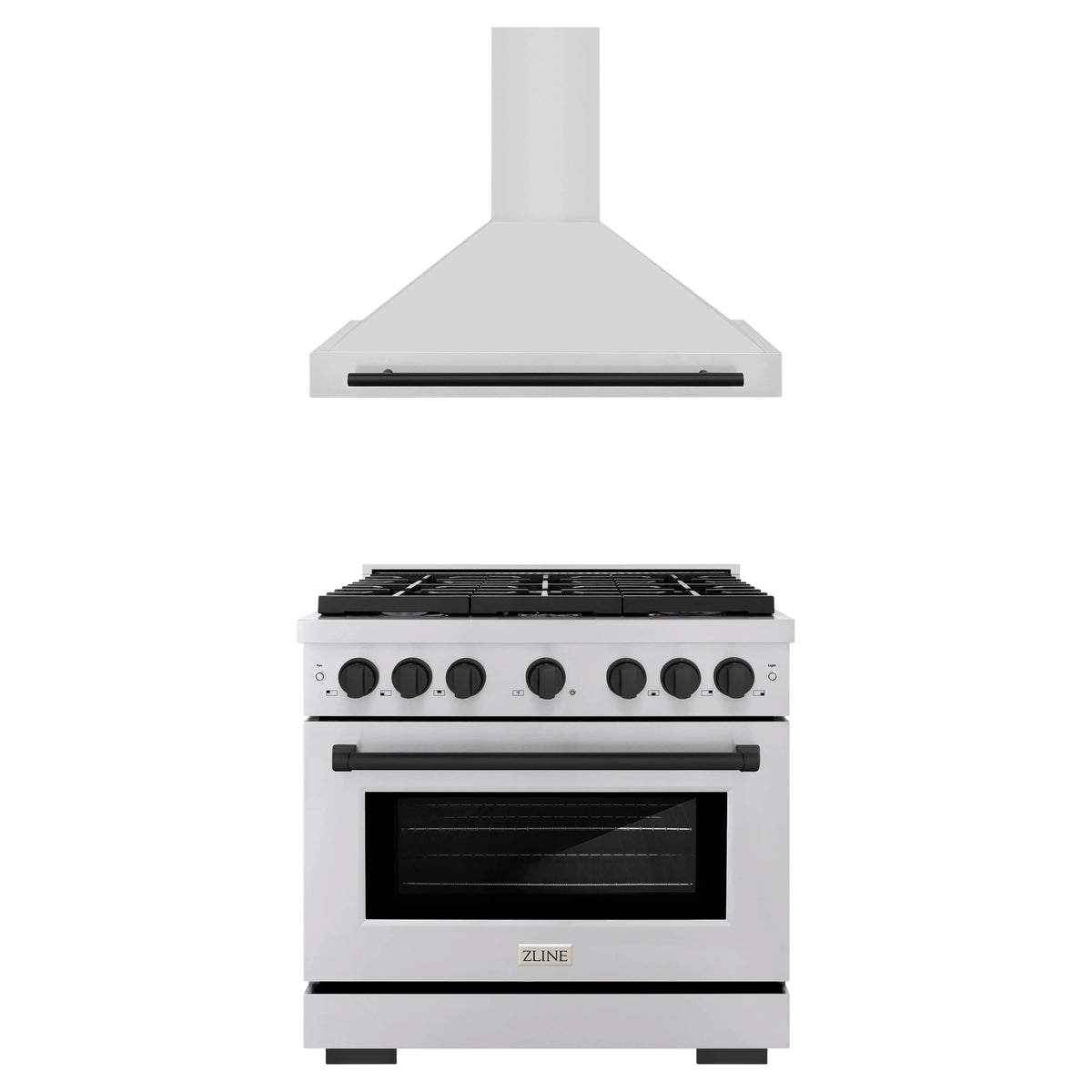 ZLINE Autograph Edition 2-Piece Appliance Package - 36-Inch Paramount Dual Fuel Range & Wall Mount Range Hood in Stainless Steel with Matte Black Accents