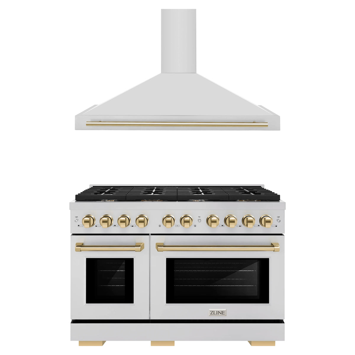 ZLINE Autograph Edition 2-Piece Appliance Package - 48-Inch Paramount Dual Fuel Range & Wall Mount Range Hood in Stainless Steel with Gold Accents