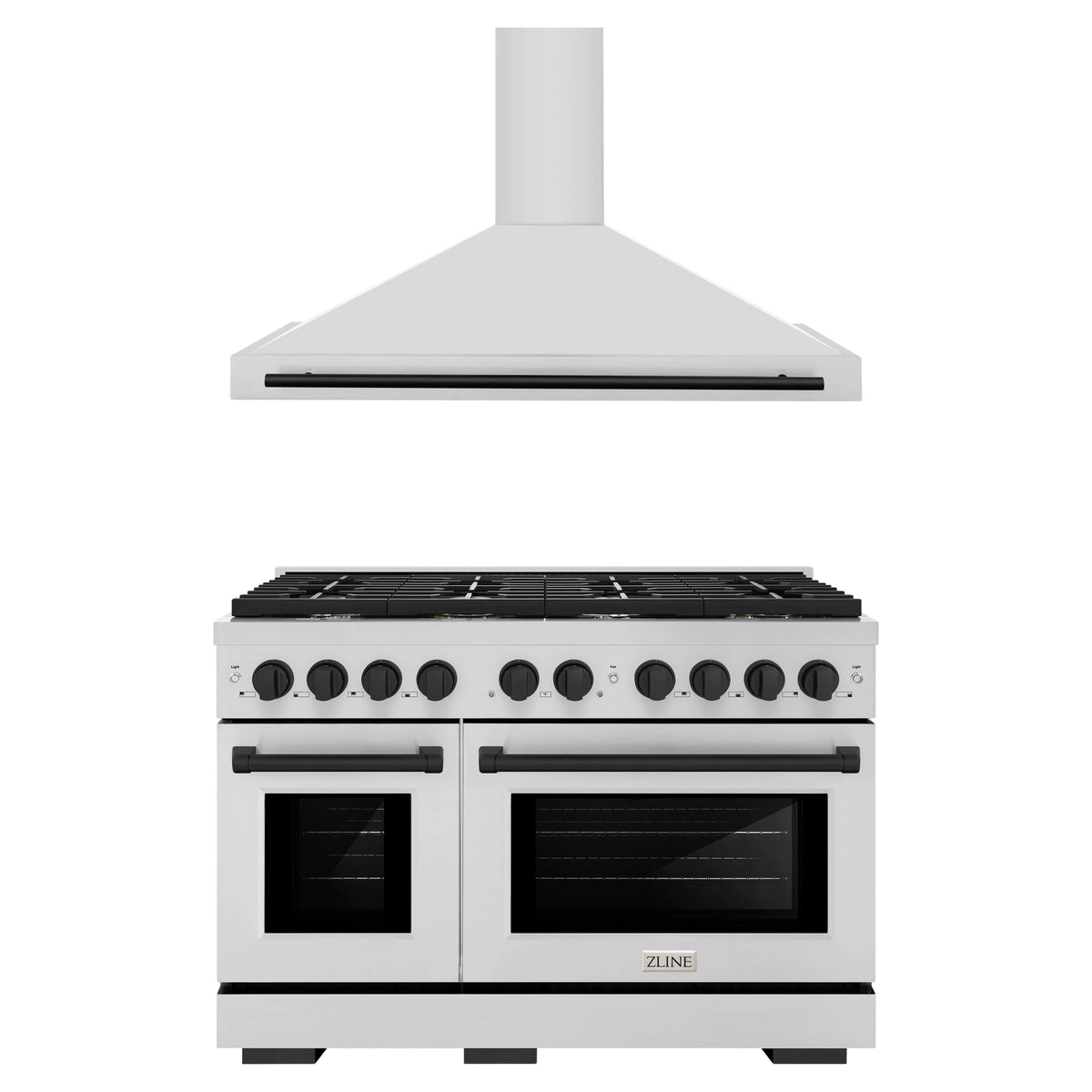 ZLINE Autograph Edition 2-Piece Appliance Package - 48-Inch Paramount Dual Fuel Range & Wall Mount Range Hood in Stainless Steel with Matte Black Accents