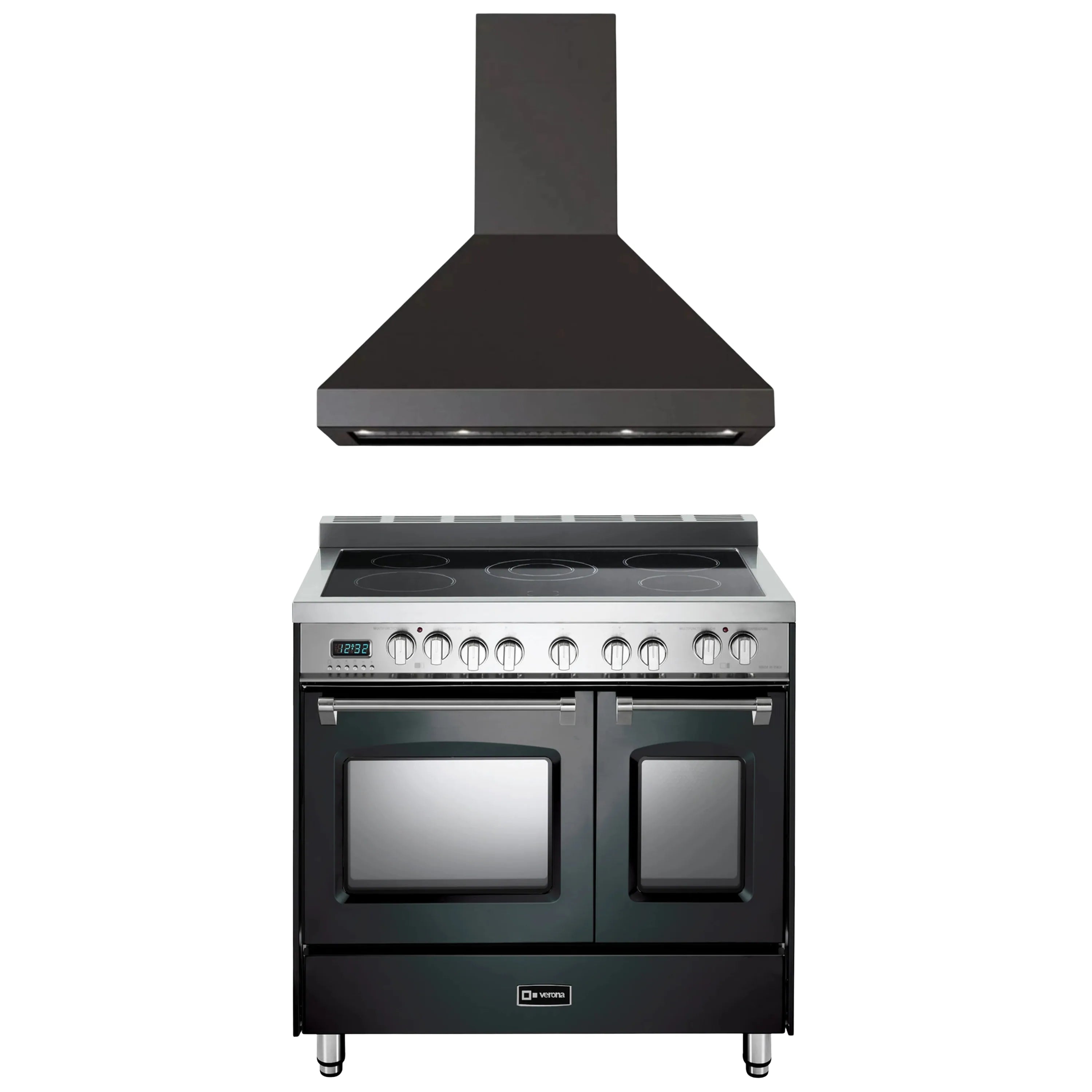 Black electric range with double ovens and cooktop with four burners
