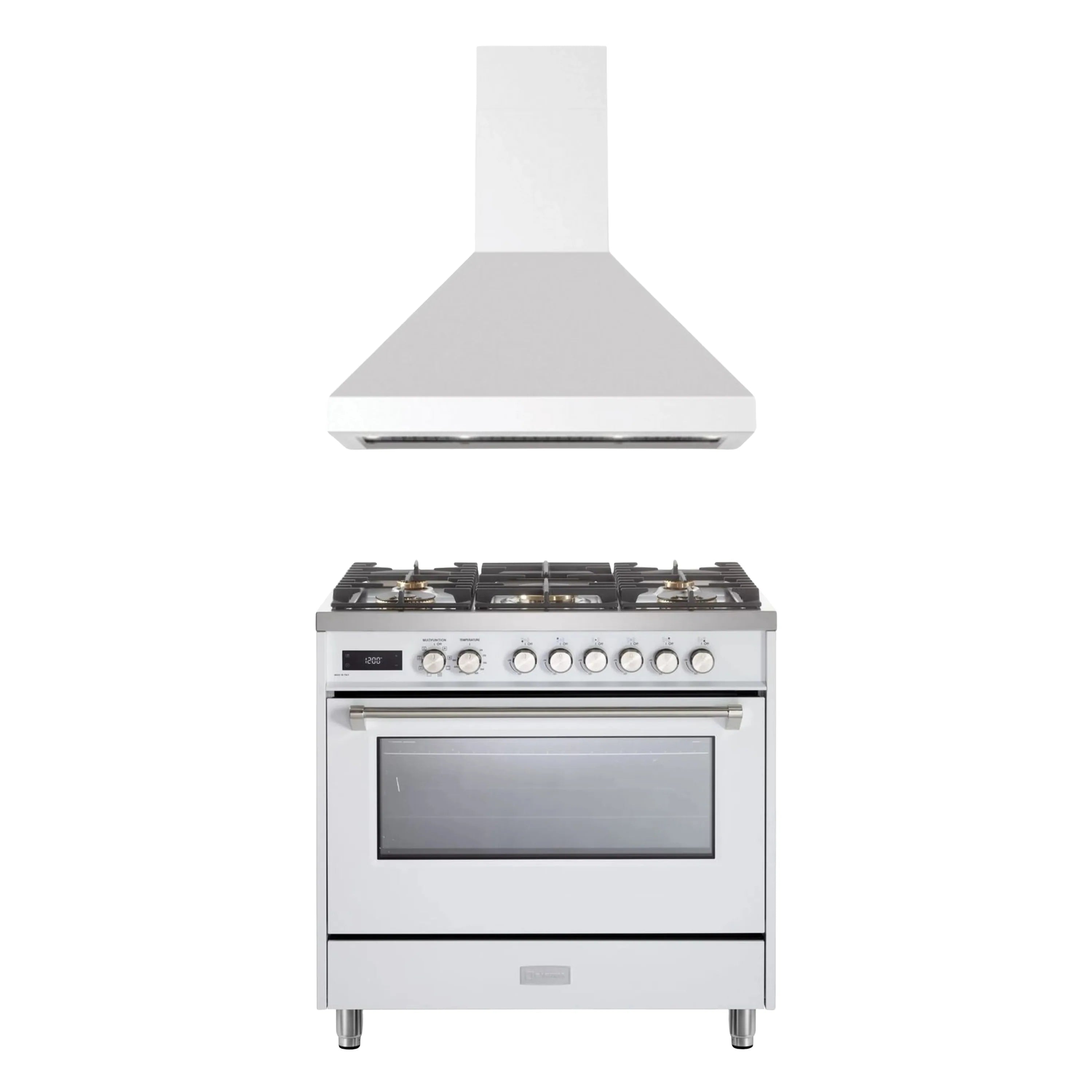 White dual fuel range with oven door and wall hood, front view