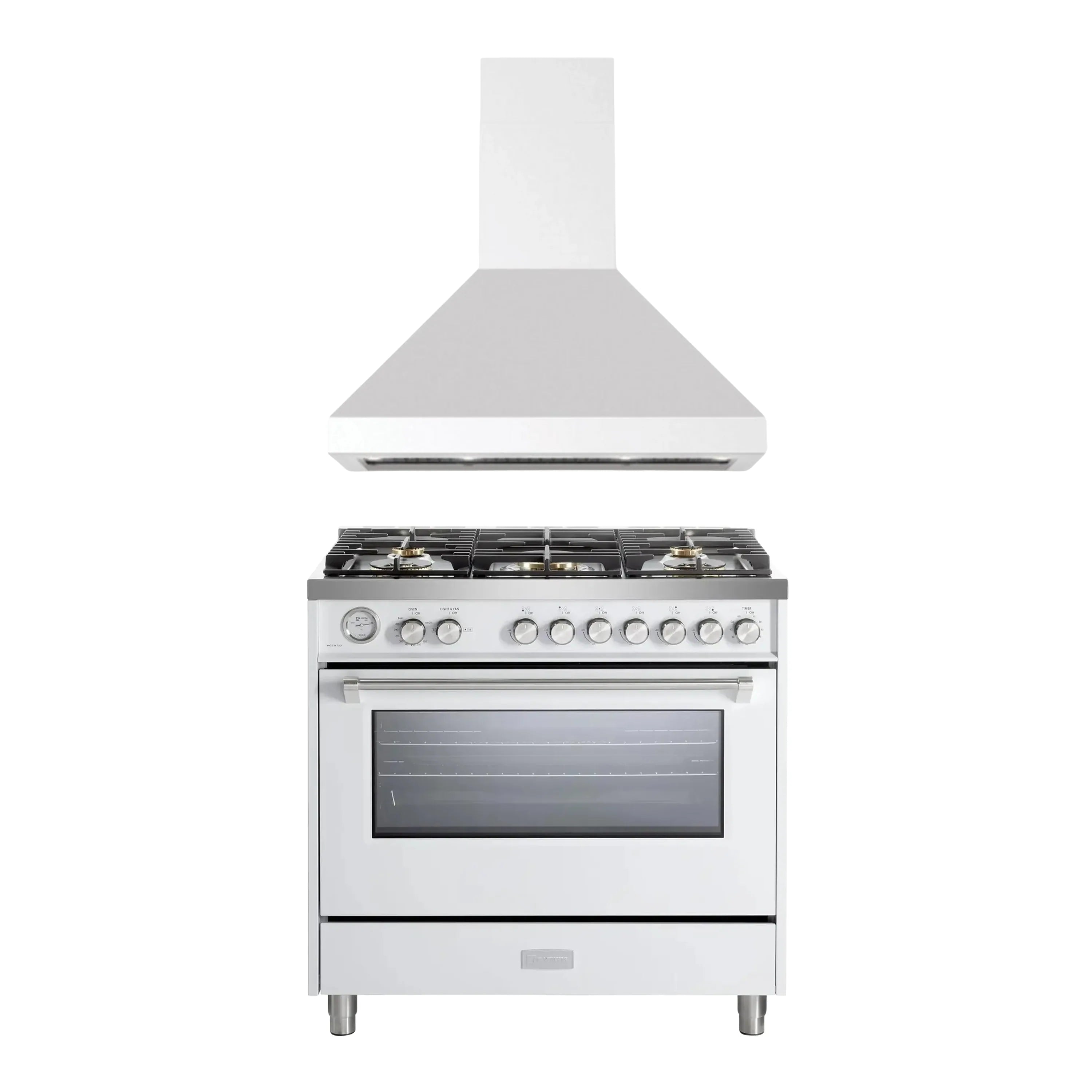 White gas range with burners and oven door under a wall-mounted range hood