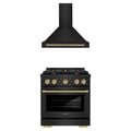 ZLINE Autograph Edition 2-Piece Appliance Package - 30-Inch Gas Range & Wall Mounted Range Hood in Black Stainless Steel with Champagne Bronze Trim