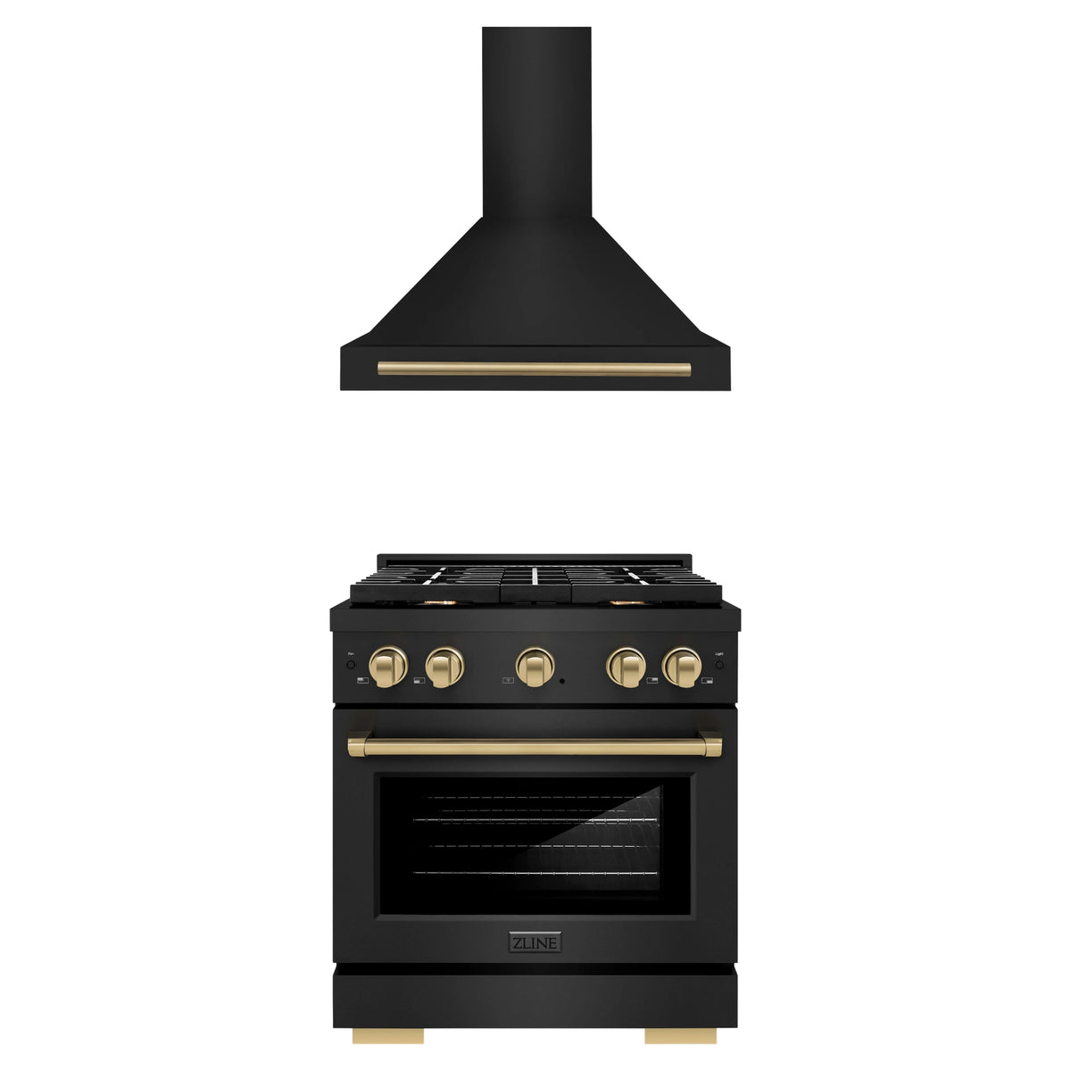 ZLINE Autograph Edition 2-Piece Appliance Package - 30-Inch Gas Range & Wall Mounted Range Hood in Black Stainless Steel with Champagne Bronze Trim