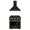 ZLINE Autograph Edition 2-Piece Appliance Package - 30-Inch Gas Range & Wall Mounted Range Hood in Black Stainless Steel with Gold Trim