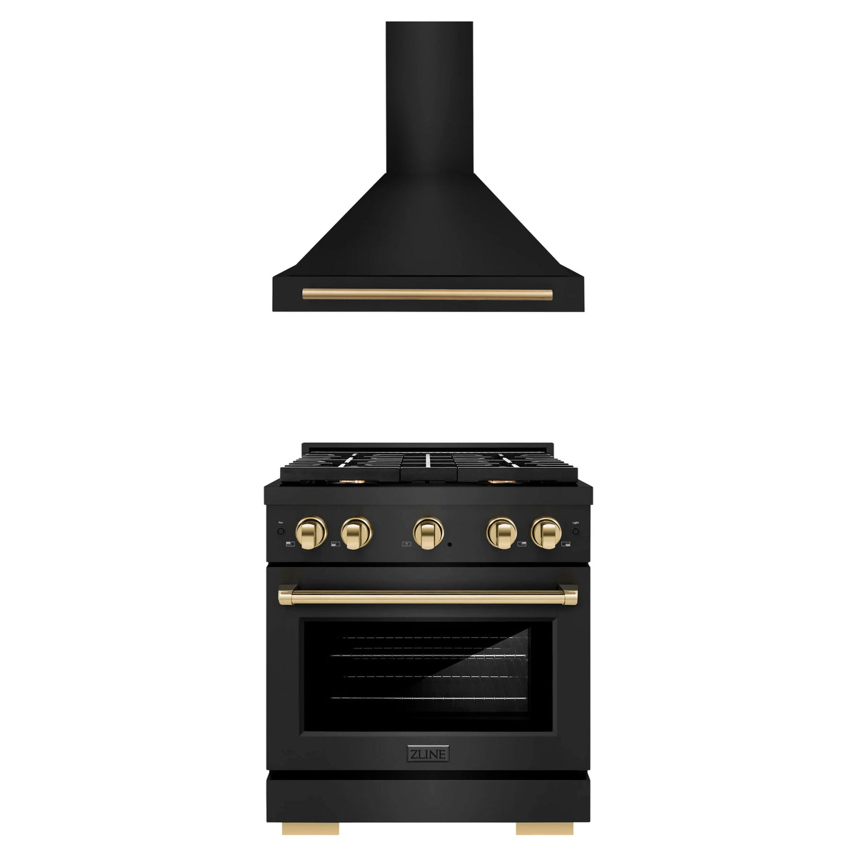 ZLINE Autograph Edition 2-Piece Appliance Package - 30-Inch Gas Range & Wall Mounted Range Hood in Black Stainless Steel with Gold Trim