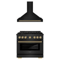 ZLINE Autograph Edition 2-Piece Appliance Package - 36-Inch Gas Range & Wall Mounted Range Hood in Black Stainless Steel with Champagne Bronze Trim