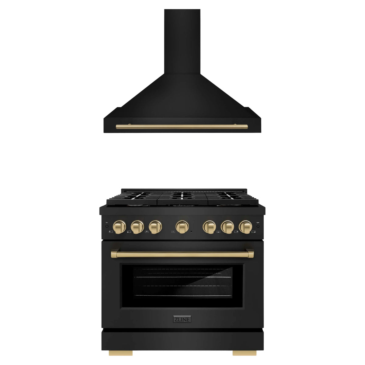 ZLINE Autograph Edition 2-Piece Appliance Package - 36-Inch Gas Range & Wall Mounted Range Hood in Black Stainless Steel with Champagne Bronze Trim