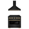 ZLINE Autograph Edition 2-Piece Appliance Package - 36-Inch Gas Range & Wall Mounted Range Hood in Black Stainless Steel with Champagne Bronze Trim