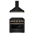ZLINE Autograph Edition 2-Piece Appliance Package - 36-Inch Gas Range & Wall Mounted Range Hood in Black Stainless Steel with Gold Trim