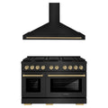 ZLINE Autograph Edition 2-Piece Appliance Package - 48-Inch Gas Range & Wall Mounted Range Hood in Black Stainless Steel with Champagne Bronze Trim