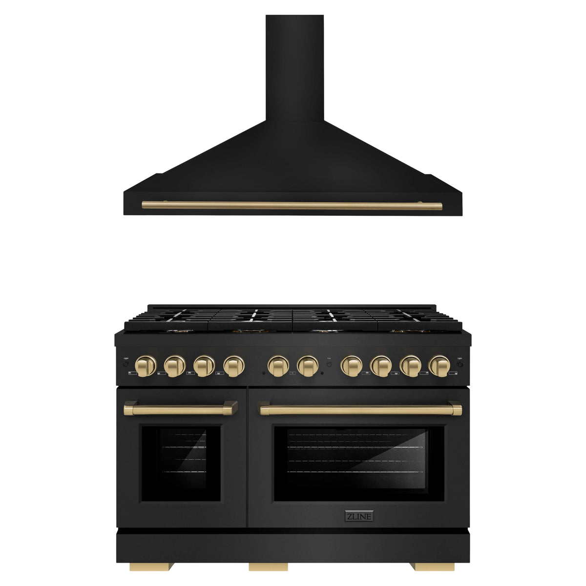 ZLINE Autograph Edition 2-Piece Appliance Package - 48-Inch Gas Range & Wall Mounted Range Hood in Black Stainless Steel with Champagne Bronze Trim