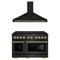ZLINE Autograph Edition 2-Piece Appliance Package - 48-Inch Gas Range & Wall Mounted Range Hood in Black Stainless Steel with Champagne Bronze Trim