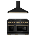 ZLINE Autograph Edition 2-Piece Appliance Package - 48-Inch Gas Range & Wall Mounted Range Hood in Black Stainless Steel with Gold Trim
