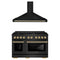 ZLINE Autograph Edition 2-Piece Appliance Package - 48-Inch Gas Range & Wall Mounted Range Hood in Black Stainless Steel with Gold Trim