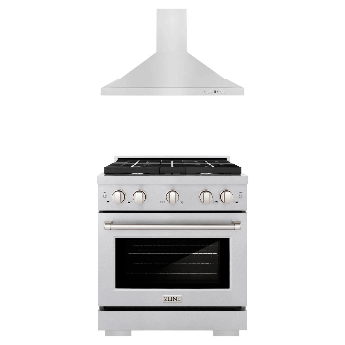 ZLINE 2-Piece Appliance Package - 30-inch Gas Range in Stainless Steel with Satin Stainless Steel Door & Convertible Wall Mount Hood