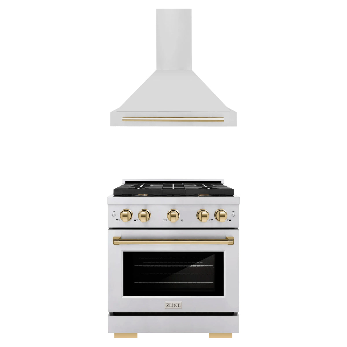 ZLINE Autograph Edition 2-Piece Appliance Package - 30-Inch Gas Range & Wall Mounted Range Hood in Stainless Steel with Gold Trim