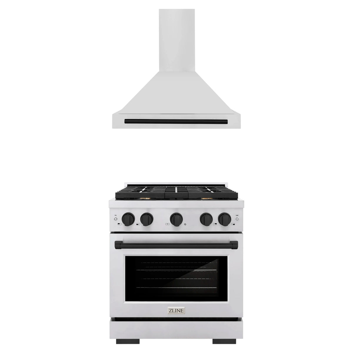 ZLINE Autograph Edition 2-Piece Appliance Package - 30-Inch Gas Range and Wall Mounted Range Hood in Stainless Steel with Matte Black Trim