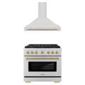 ZLINE Autograph Edition 2-Piece Appliance Package - 36-Inch Gas Range & Wall Mounted Range Hood in Stainless Steel with Champagne Bronze Trim