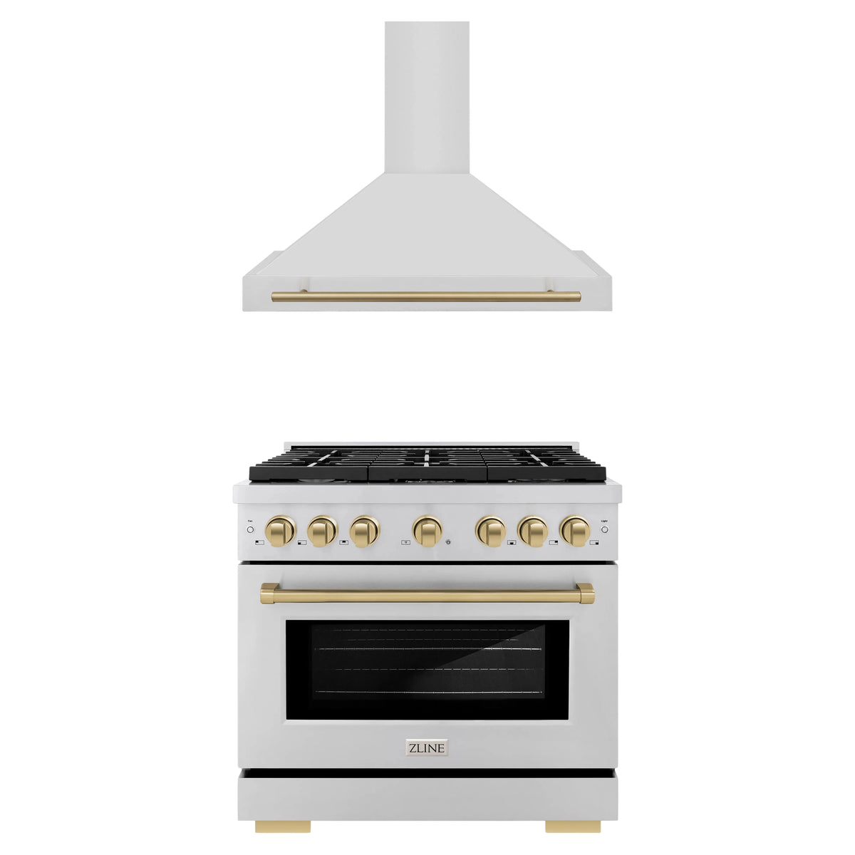 ZLINE Autograph Edition 2-Piece Appliance Package - 36-Inch Gas Range & Wall Mounted Range Hood in Stainless Steel with Champagne Bronze Trim
