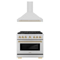 ZLINE Autograph Edition 2-Piece Appliance Package - 36-Inch Gas Range & Wall Mounted Range Hood in Stainless Steel with Gold Trim