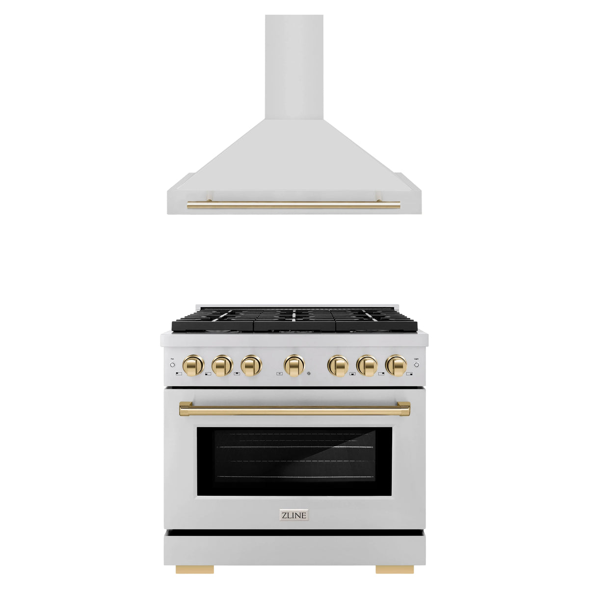 ZLINE Autograph Edition 2-Piece Appliance Package - 36-Inch Gas Range & Wall Mounted Range Hood in Stainless Steel with Gold Trim