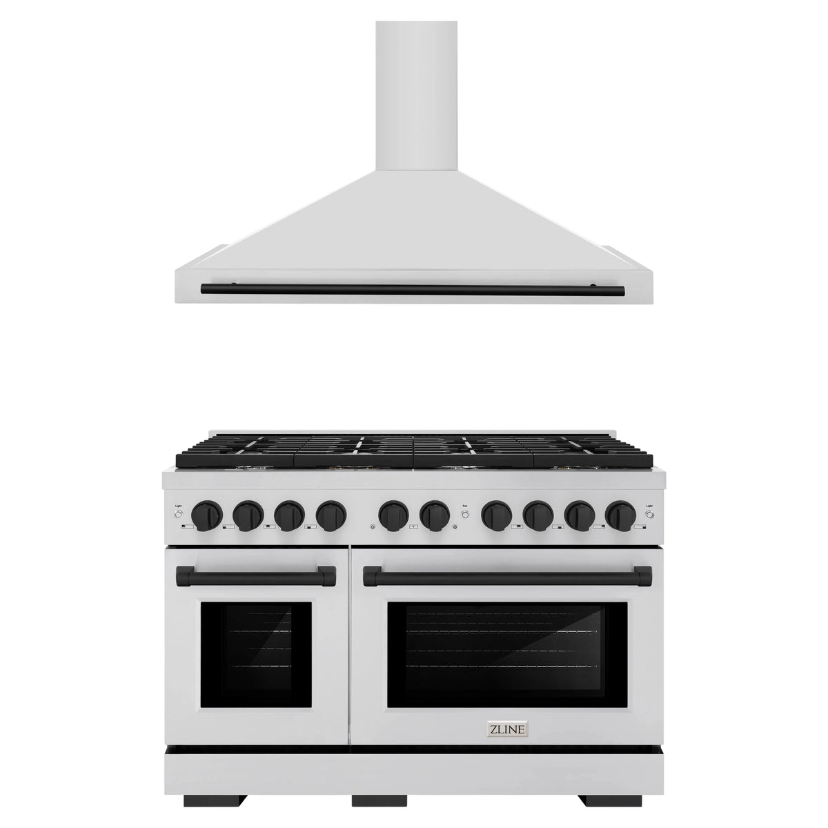 ZLINE Autograph Edition 2-Piece Appliance Package - 48-Inch Gas Range & Wall Mounted Range Hood in Stainless Steel with Matte Black Trim