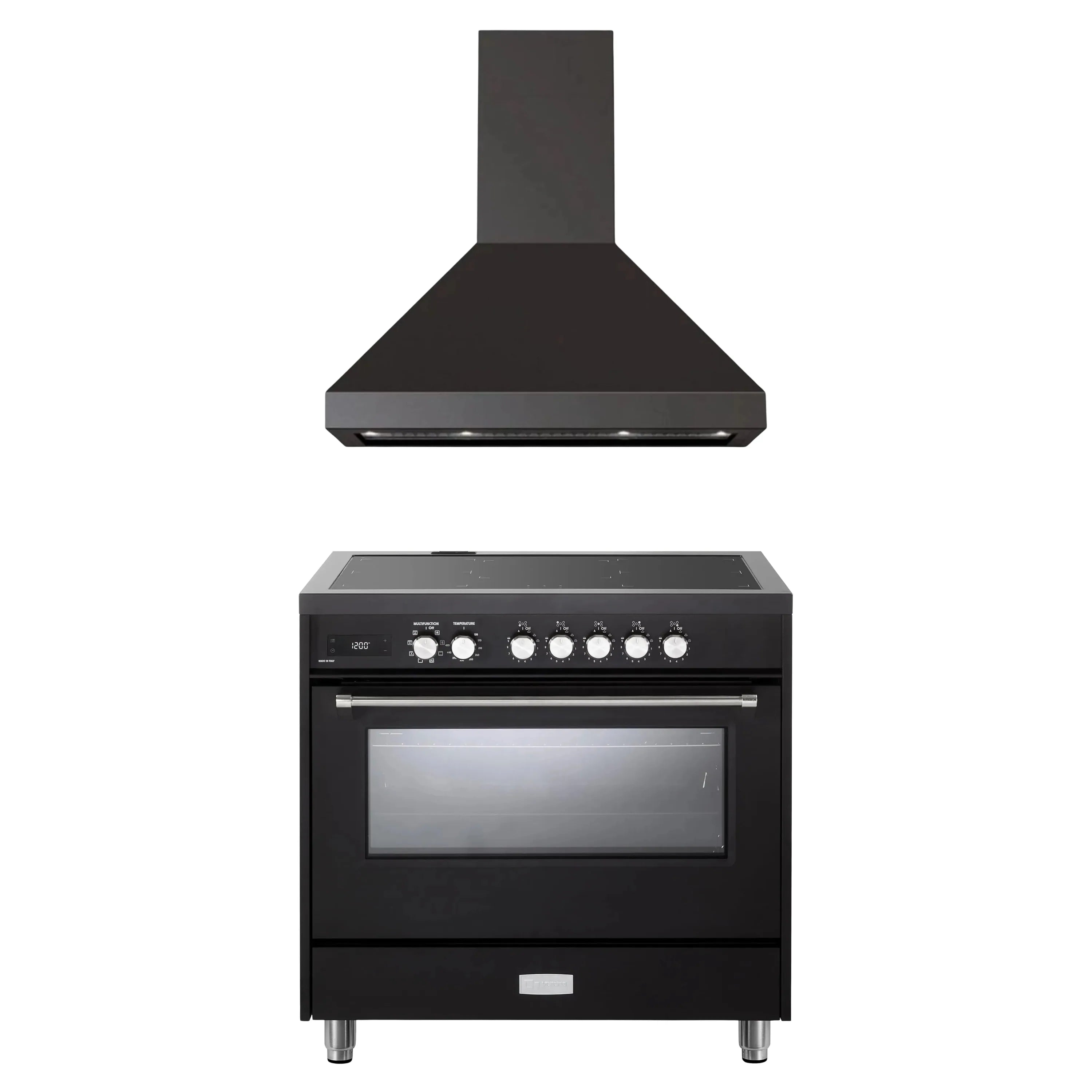 Black range and wall-mount hood set with control knobs and oven window