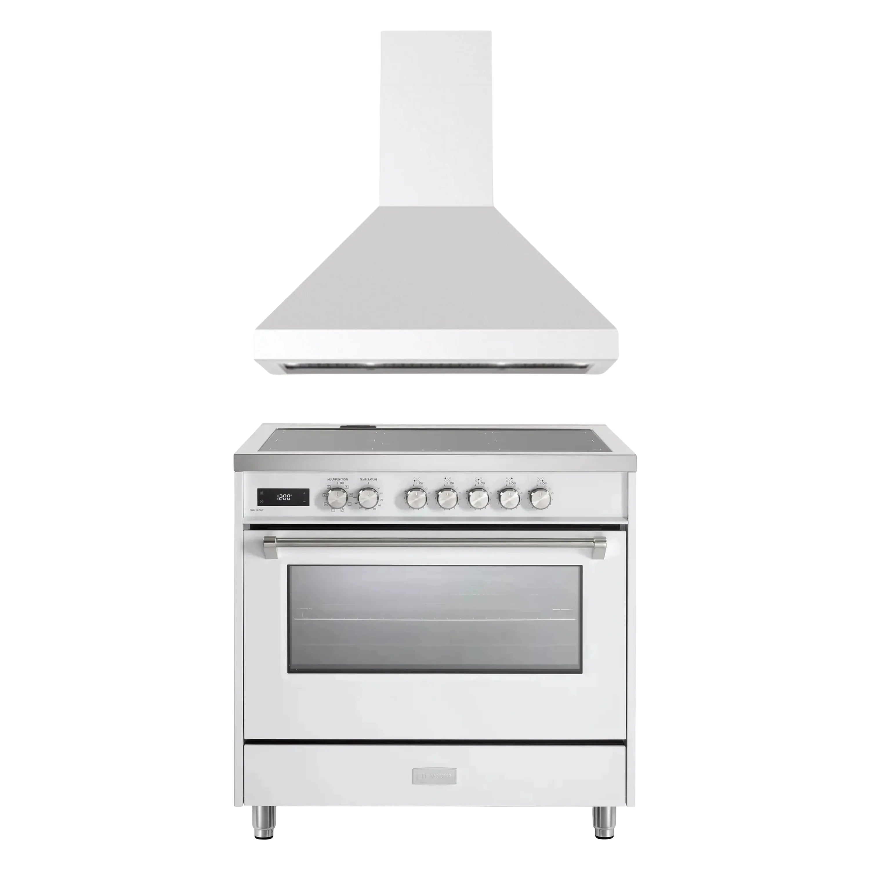 White freestanding range with oven door, control knobs, and overhead hood