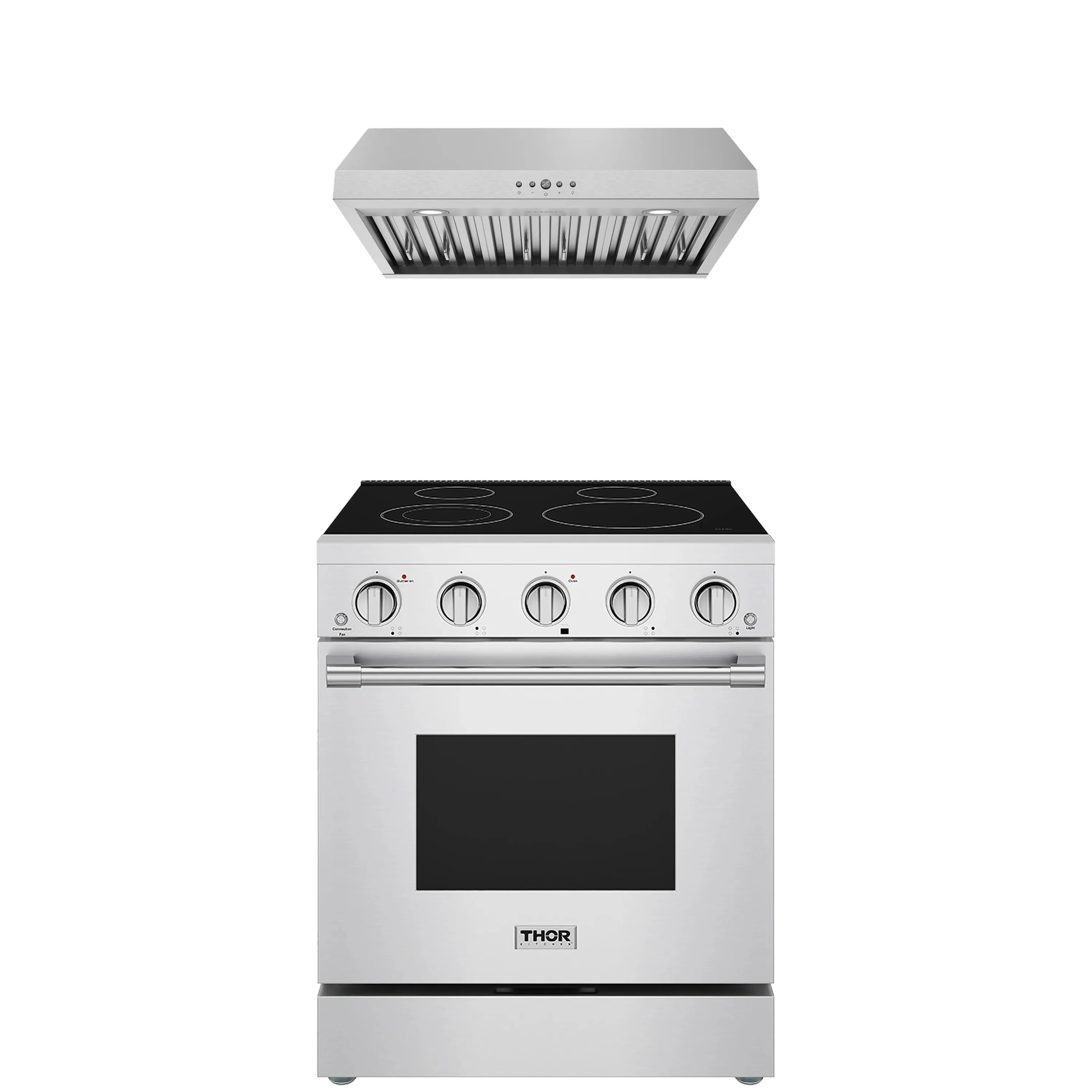 Stainless electric range with black glass cooktop and under-hood vent