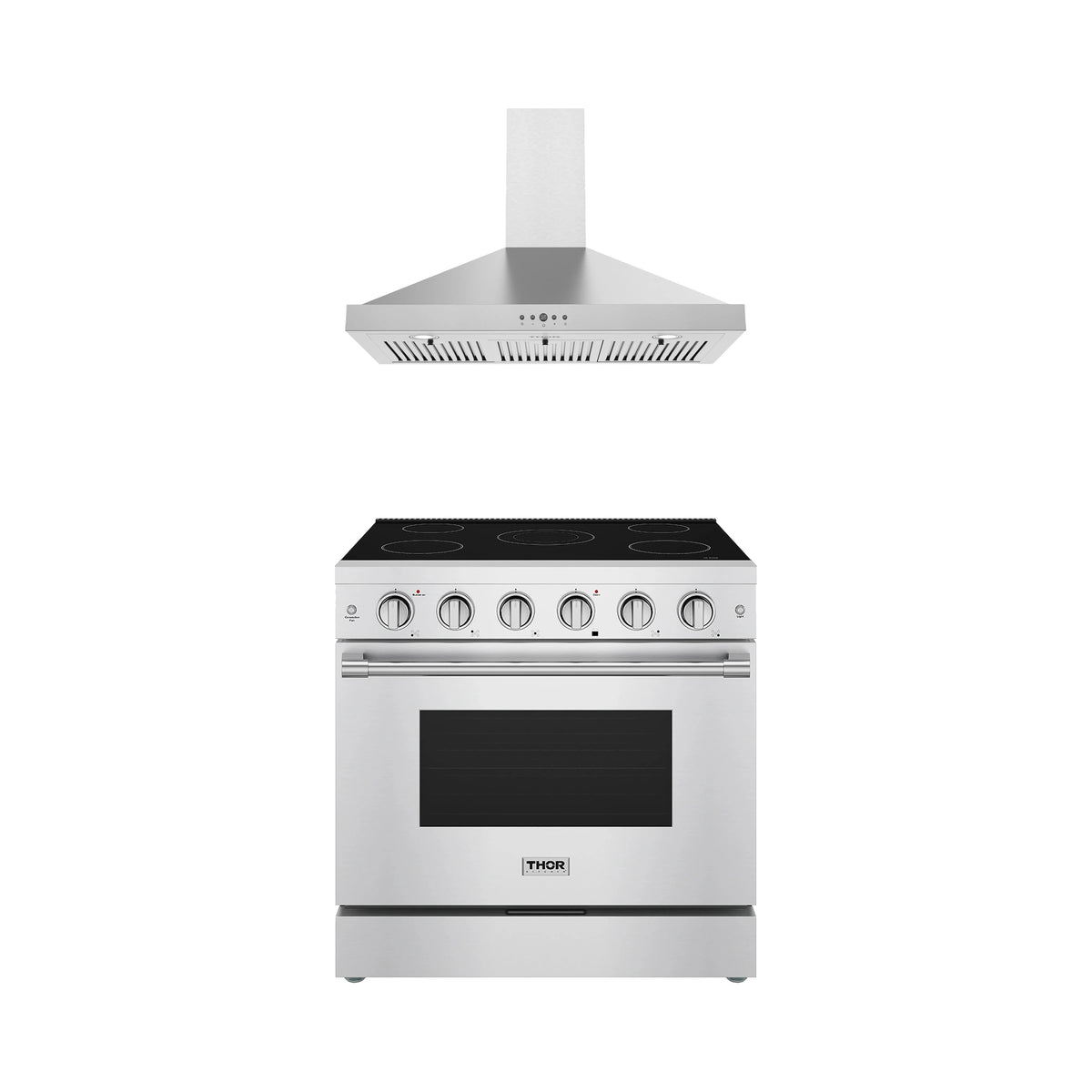 Thor Kitchen 2-Piece Appliance Package - 36-Inch Electric Range & Wall Mount Hood in Stainless Steel