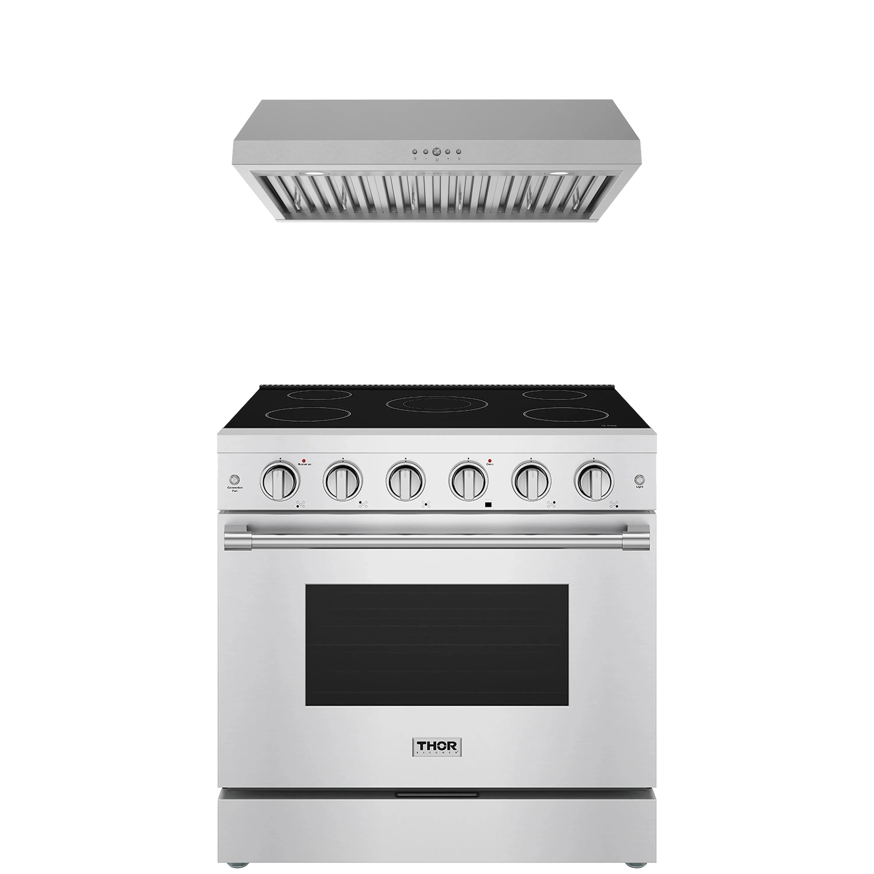 Stainless steel range hood above an electric range with black glass cooktop