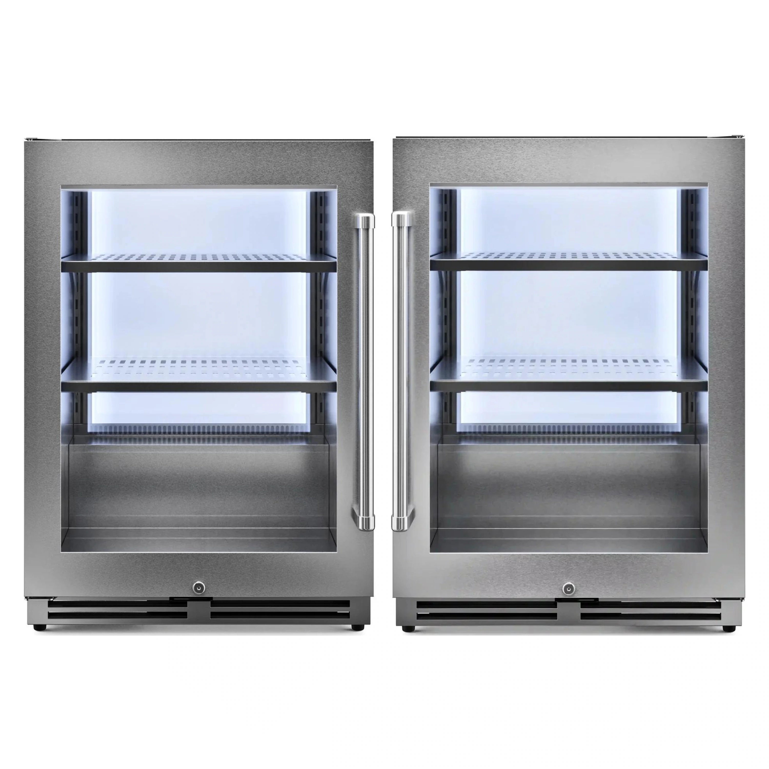 Two under-counter beverage coolers side-by-side with glass doors open and shelves