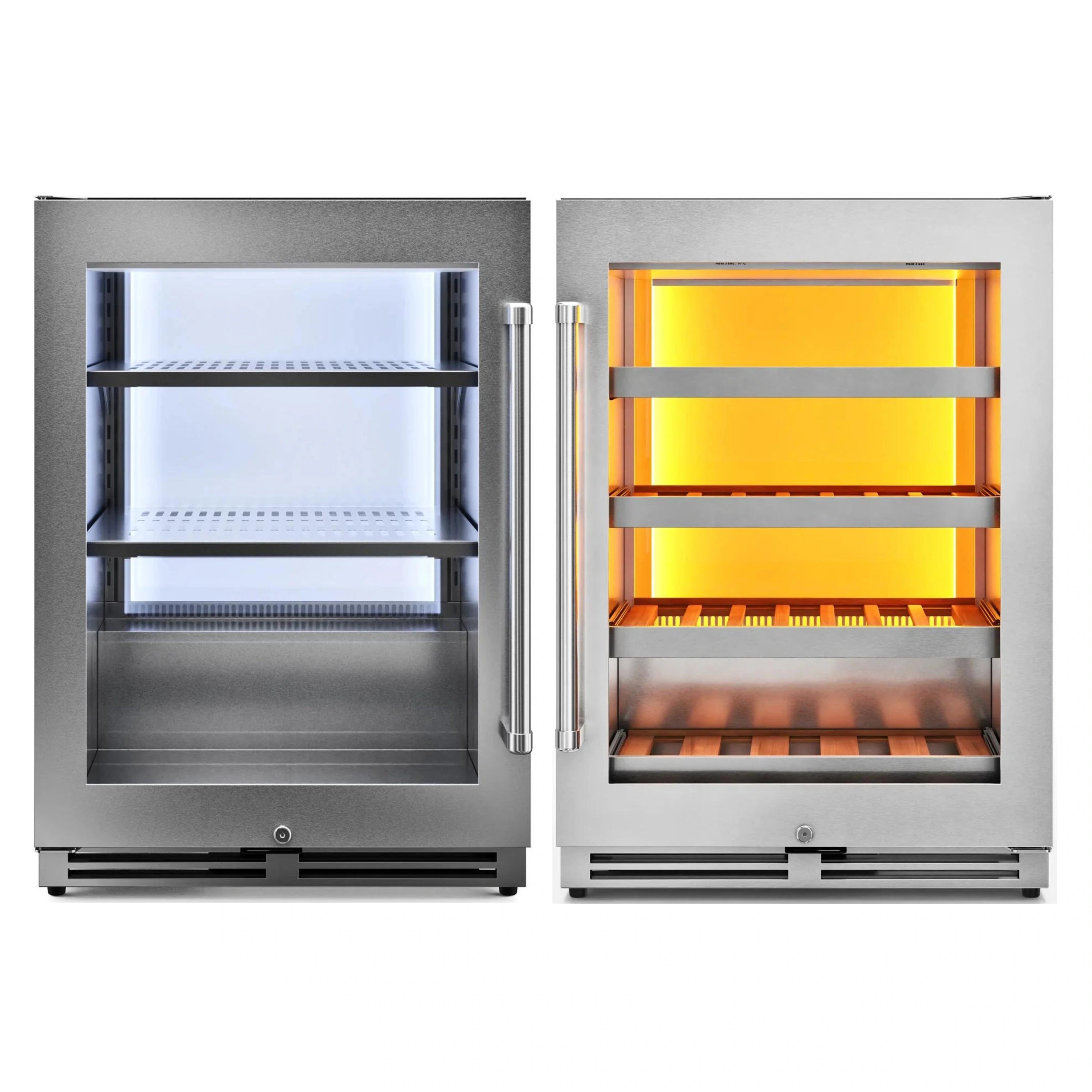 Stainless steel under-counter cooler shown open and closed with interior shelves