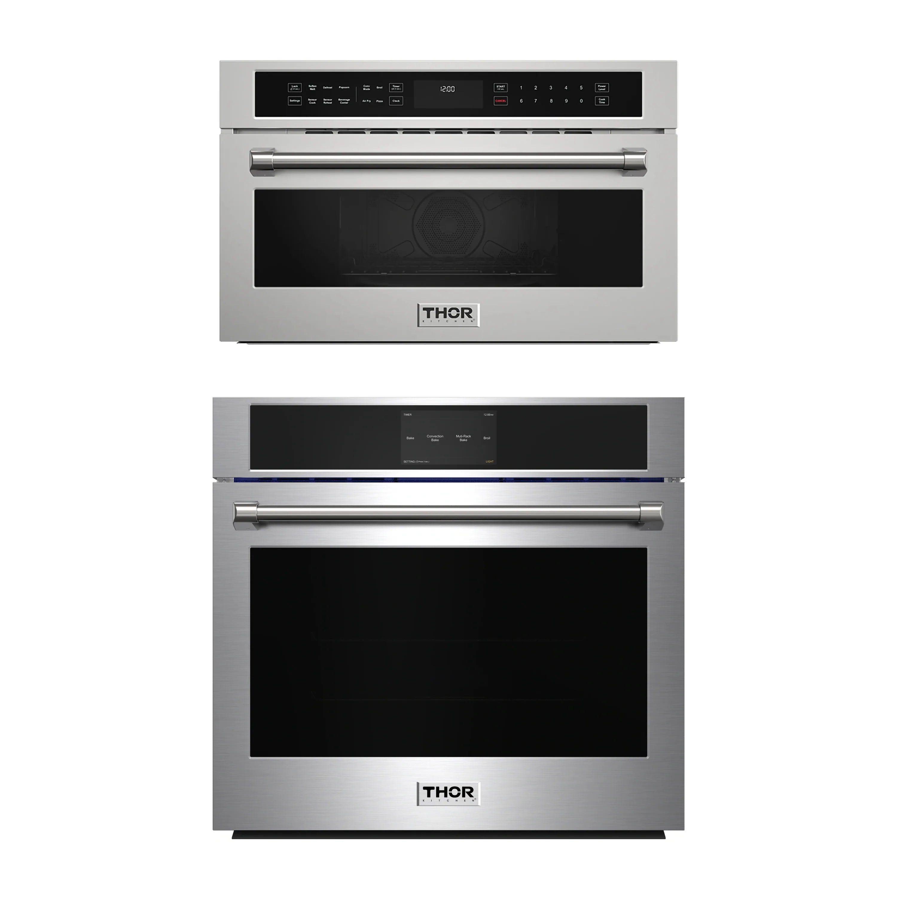 Stainless steel wall oven and microwave appliance set with black glass doors