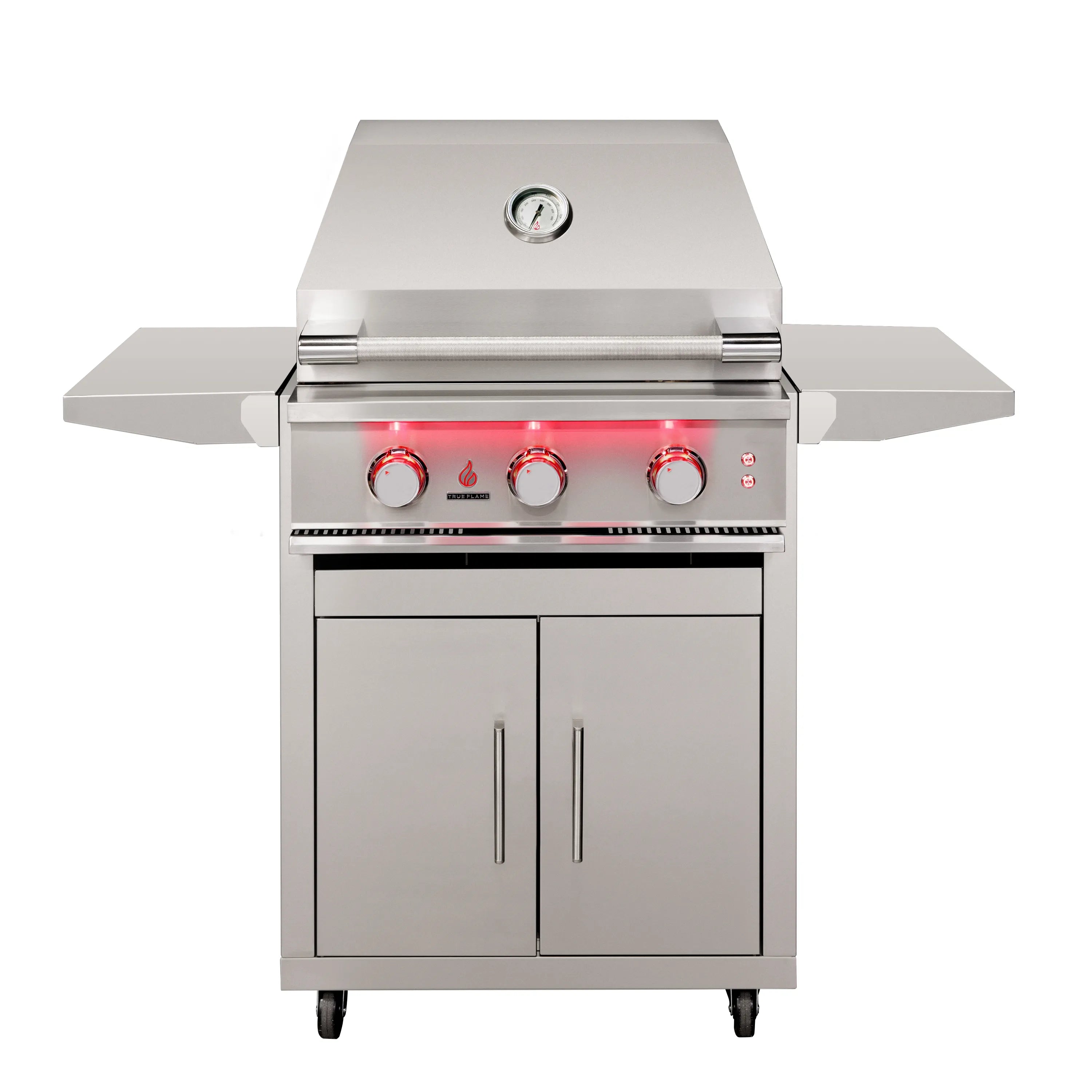 Stainless steel 3-burner propane grill cart with closed lid, thermometer, and side shelves