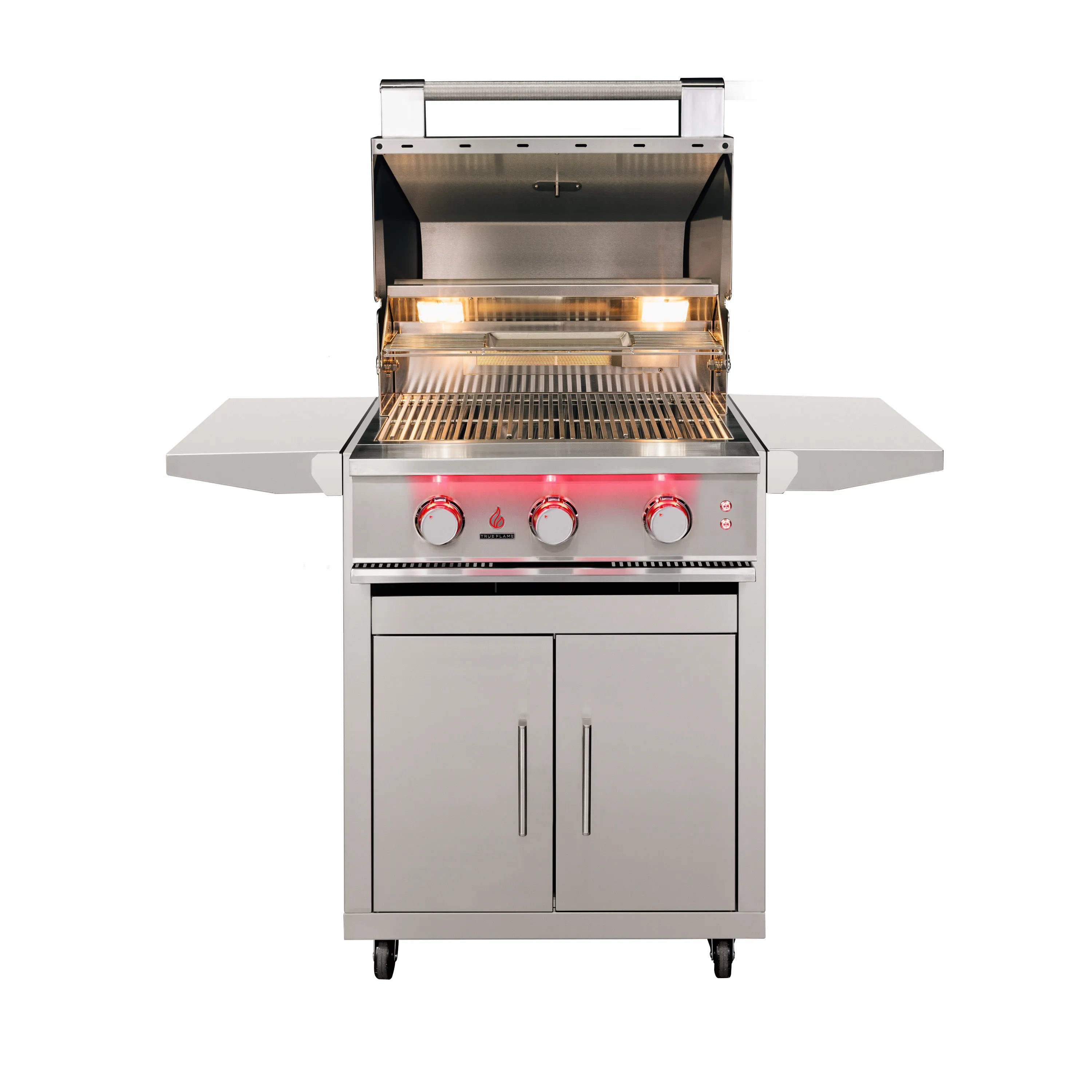 Stainless steel 3-burner propane grill cart with open lid, stainless burners and front doors