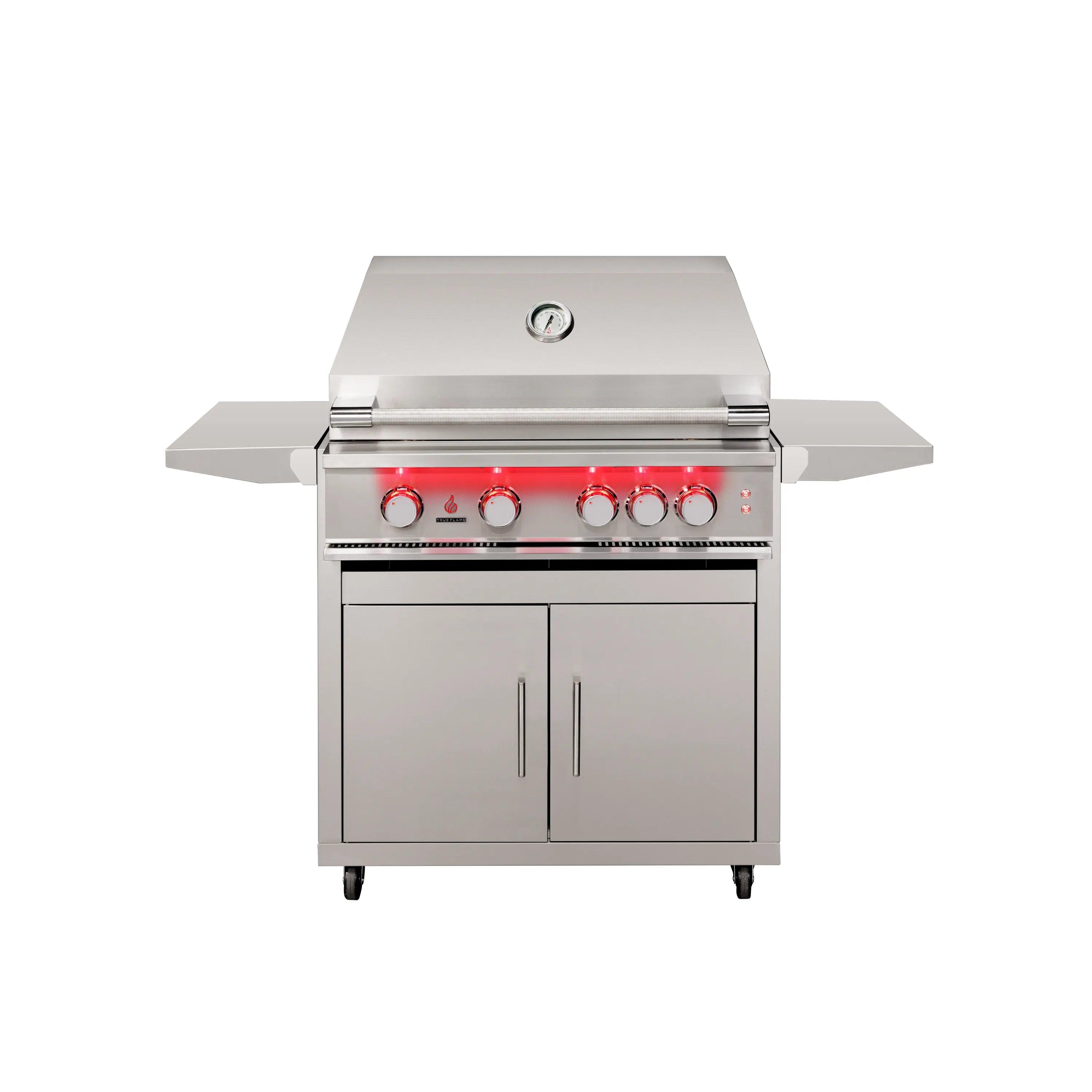 Stainless steel freestanding 4-burner natural gas grill with closed lid and control knobs