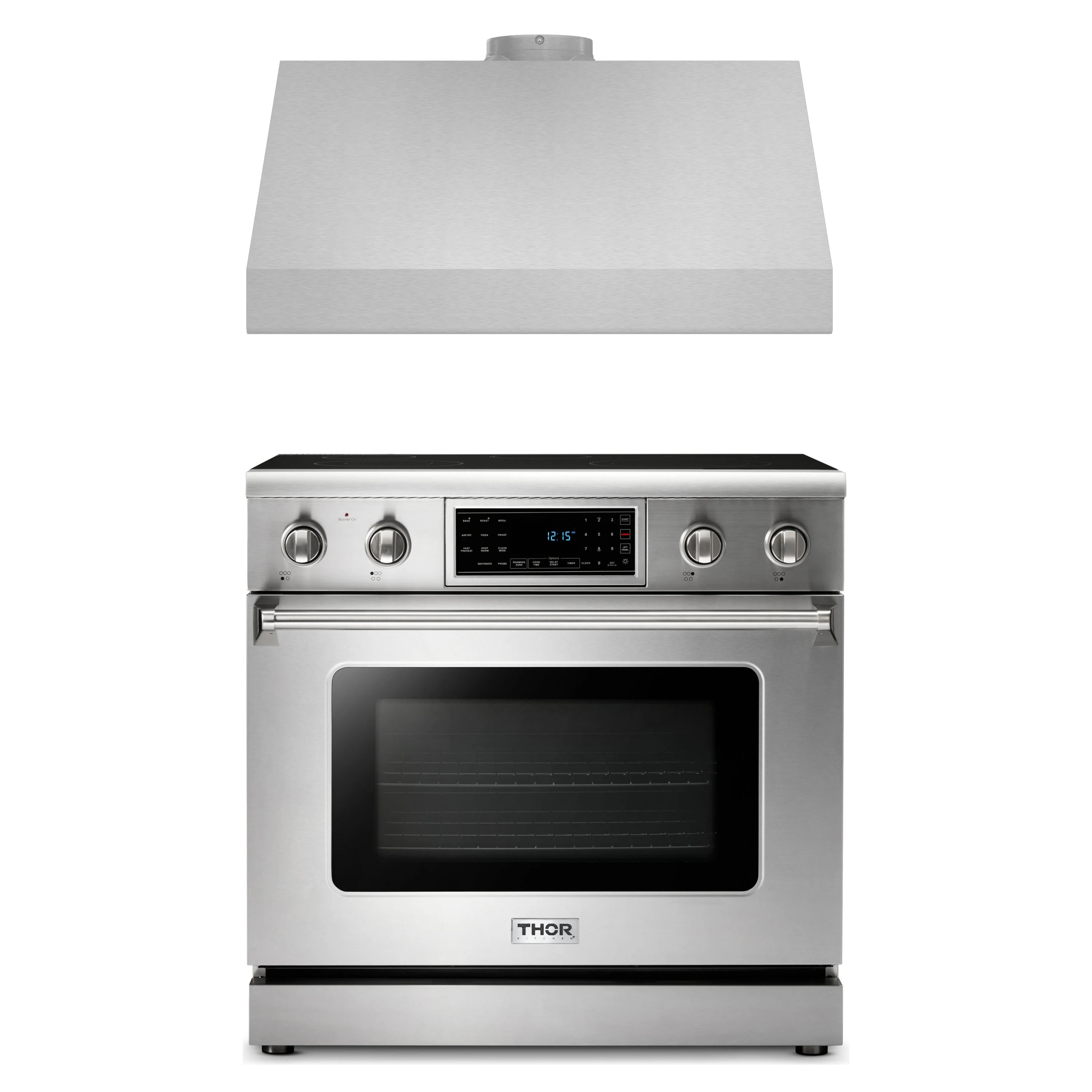 Stainless steel 36-inch electric range with black oven window and control knobs