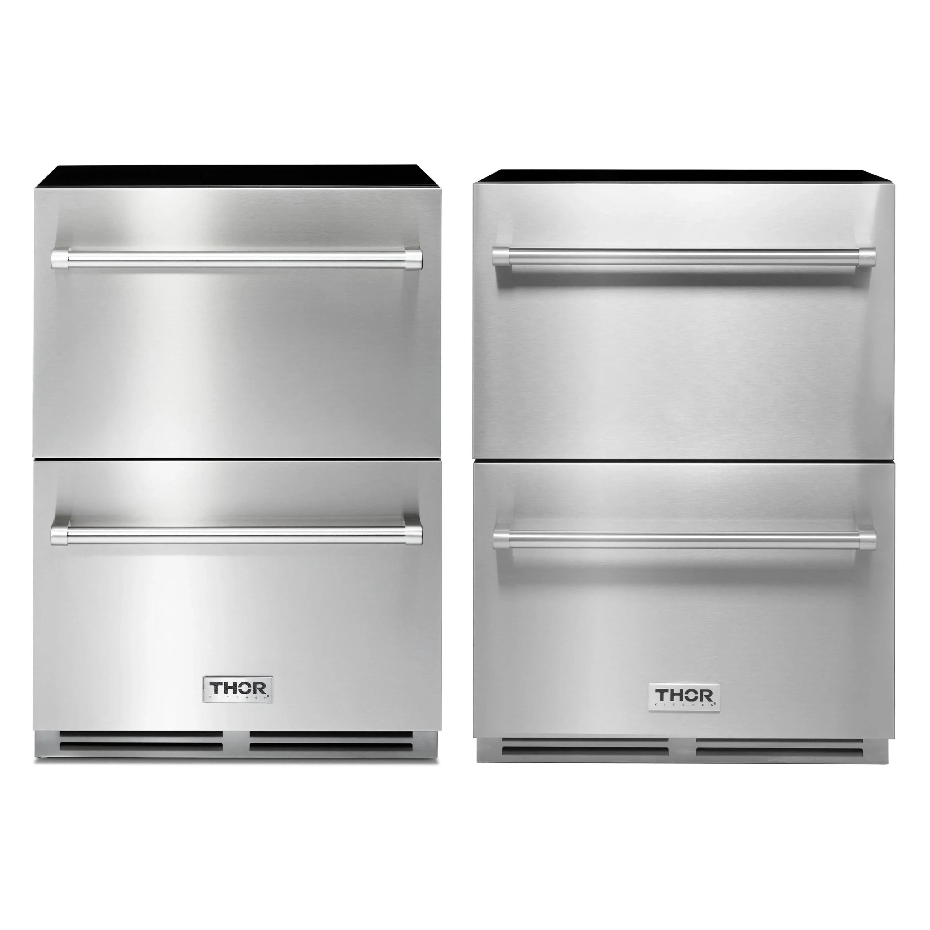 Two stainless steel double-drawer units with top and bottom drawers and bar handles