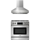 Thor Kitchen 2-Piece Appliance Package - 36-Inch Propane Gas Range, Tilt Panel & Pro-Style Wall Mount Hood in Stainless Steel