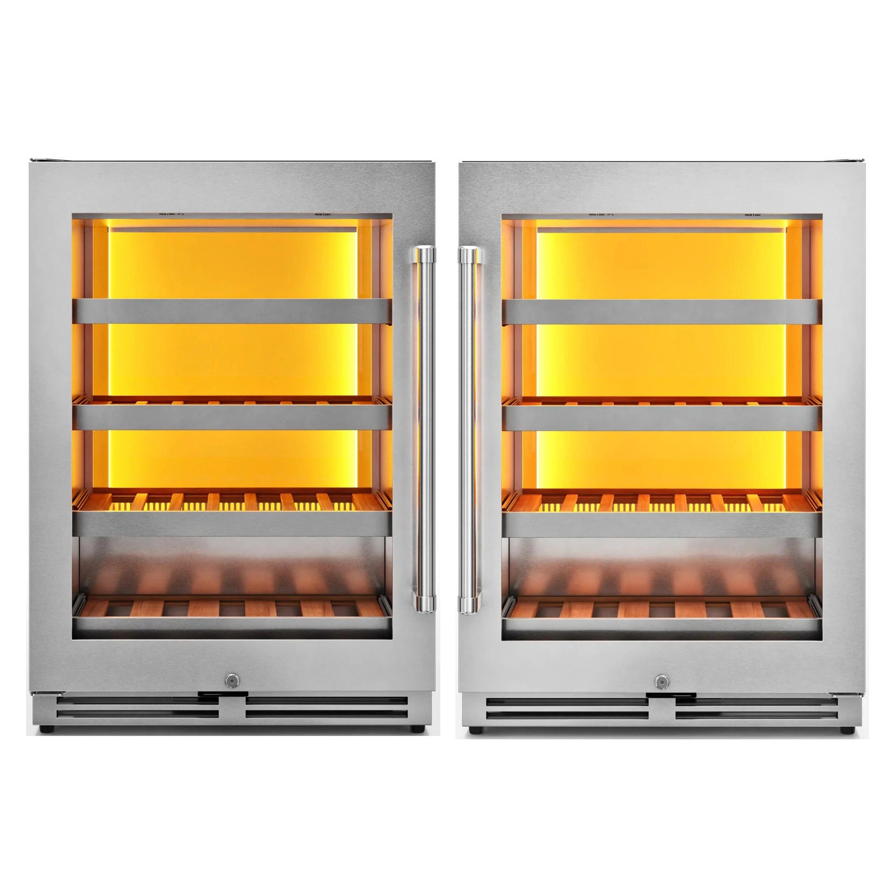 Stainless steel wine cooler with two interior glass shelves, open door view