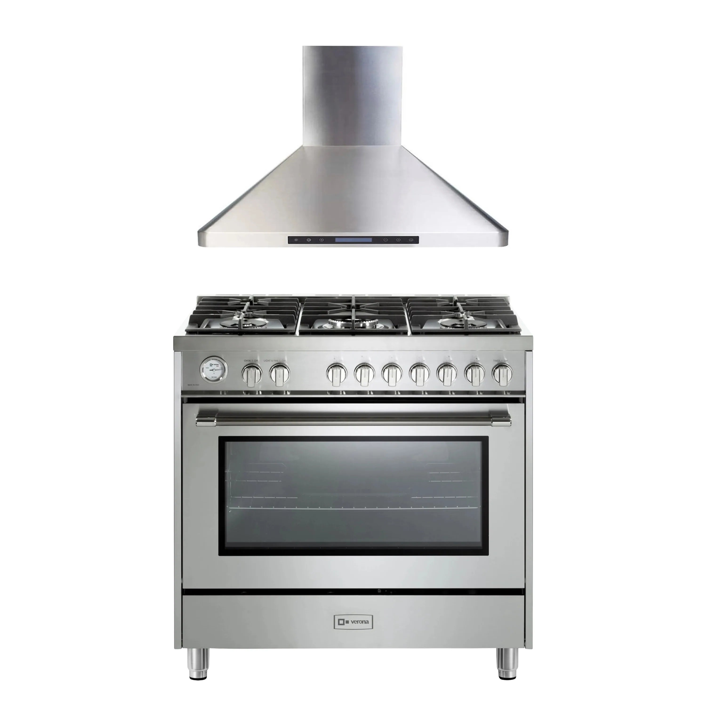 Stainless steel gas range with 5 burners, oven door, and wall hood above