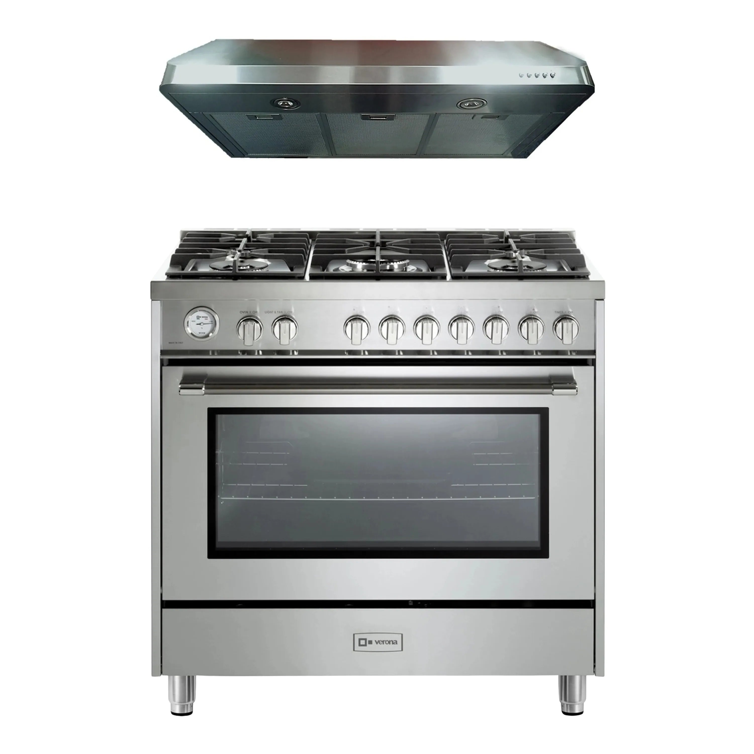 Stainless steel gas range with 5 sealed burners, oven, and matching range hood